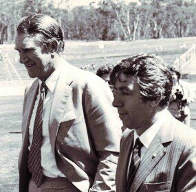 Malcolm Fraser and Frank Lowy prior to an NSL Cup final. Source: Les Shorrock collection, Deakin University Library
