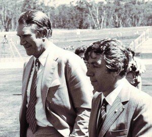 Malcolm Fraser and Frank Lowy at an NSL Cup final